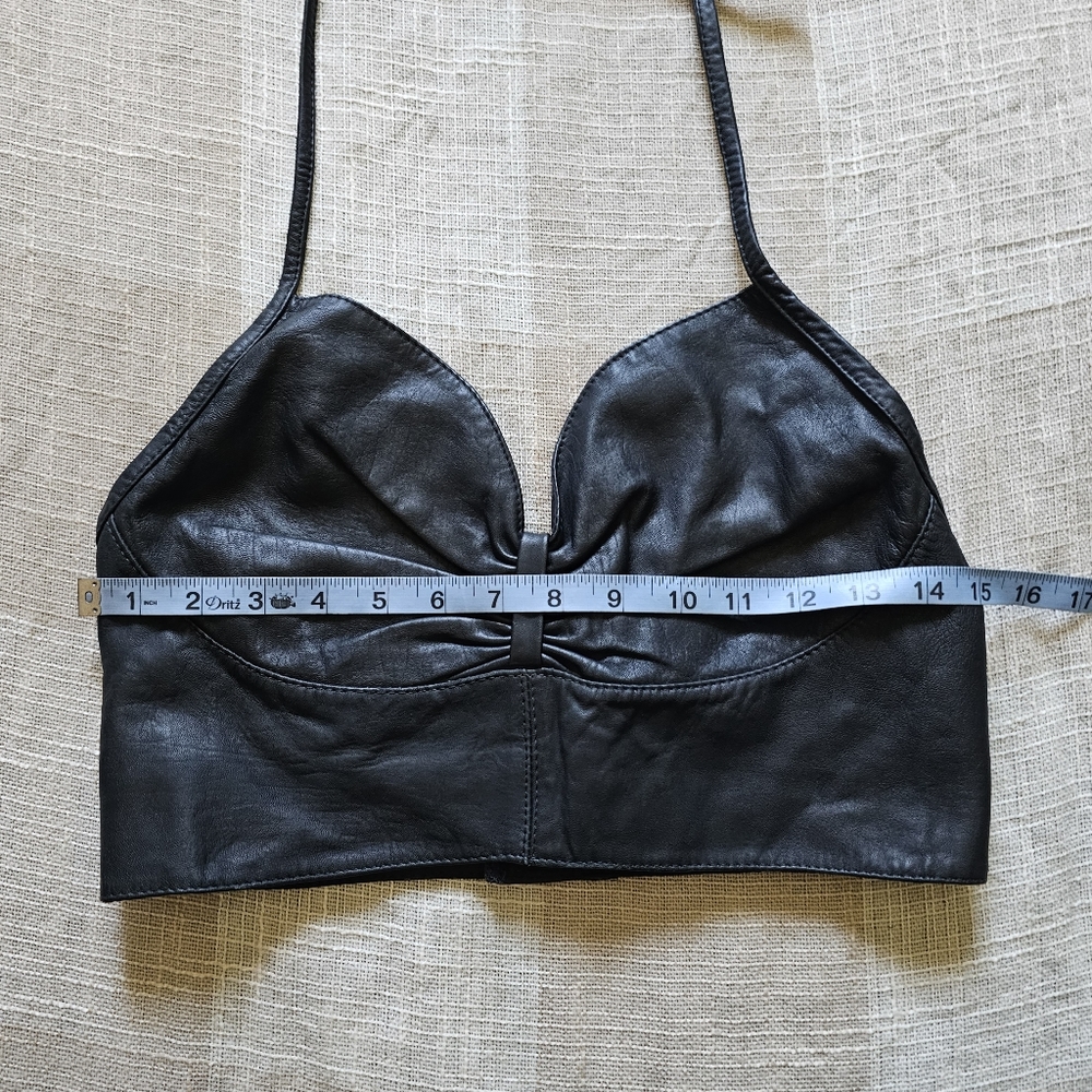 VTG Western Motoboho Yallternative Biker Black Leather Tie Cropped Halter Top - Picture 8 of 11
